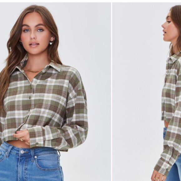 Forever 21 plaid cropped flannel button down top size small - Picture 2 of 8